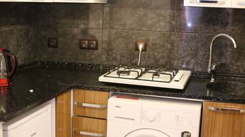 Mini-fridge, stovetop, cookware/dishes/utensils