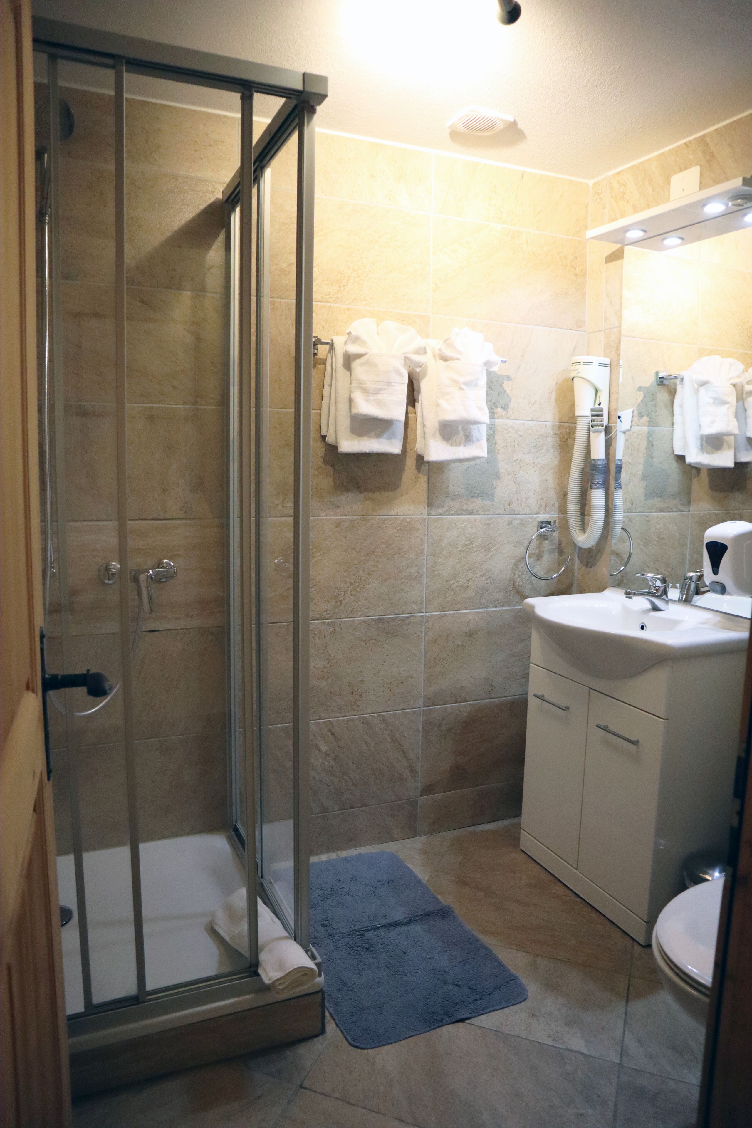 A bathroom with a glass shower enclosure, a sink, a toilet, and a mirror.