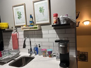 Fridge, microwave, coffee/tea maker, toaster