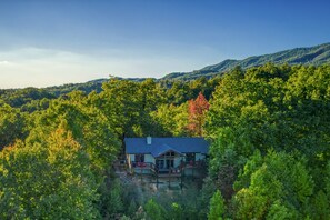 Une maison entourée d’une forêt dense, offrant une vue dégagée sur les collines environnantes.