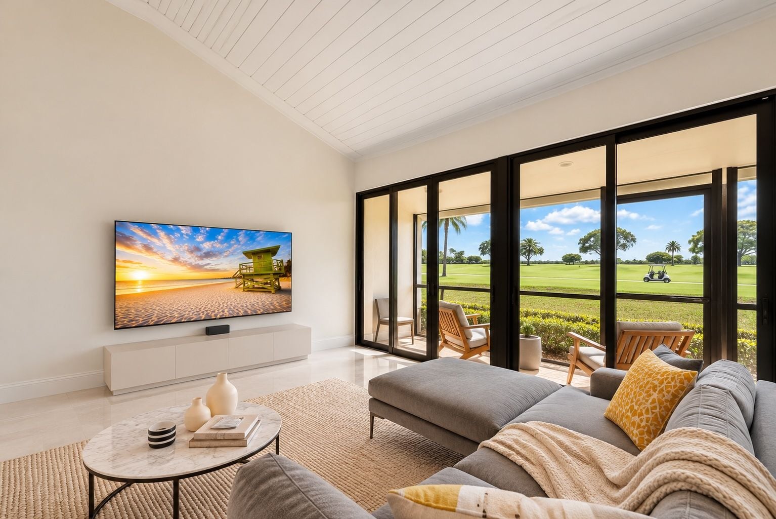 Una sala de estar moderna con un televisor grande, asientos cómodos y vista a un campo de golf.