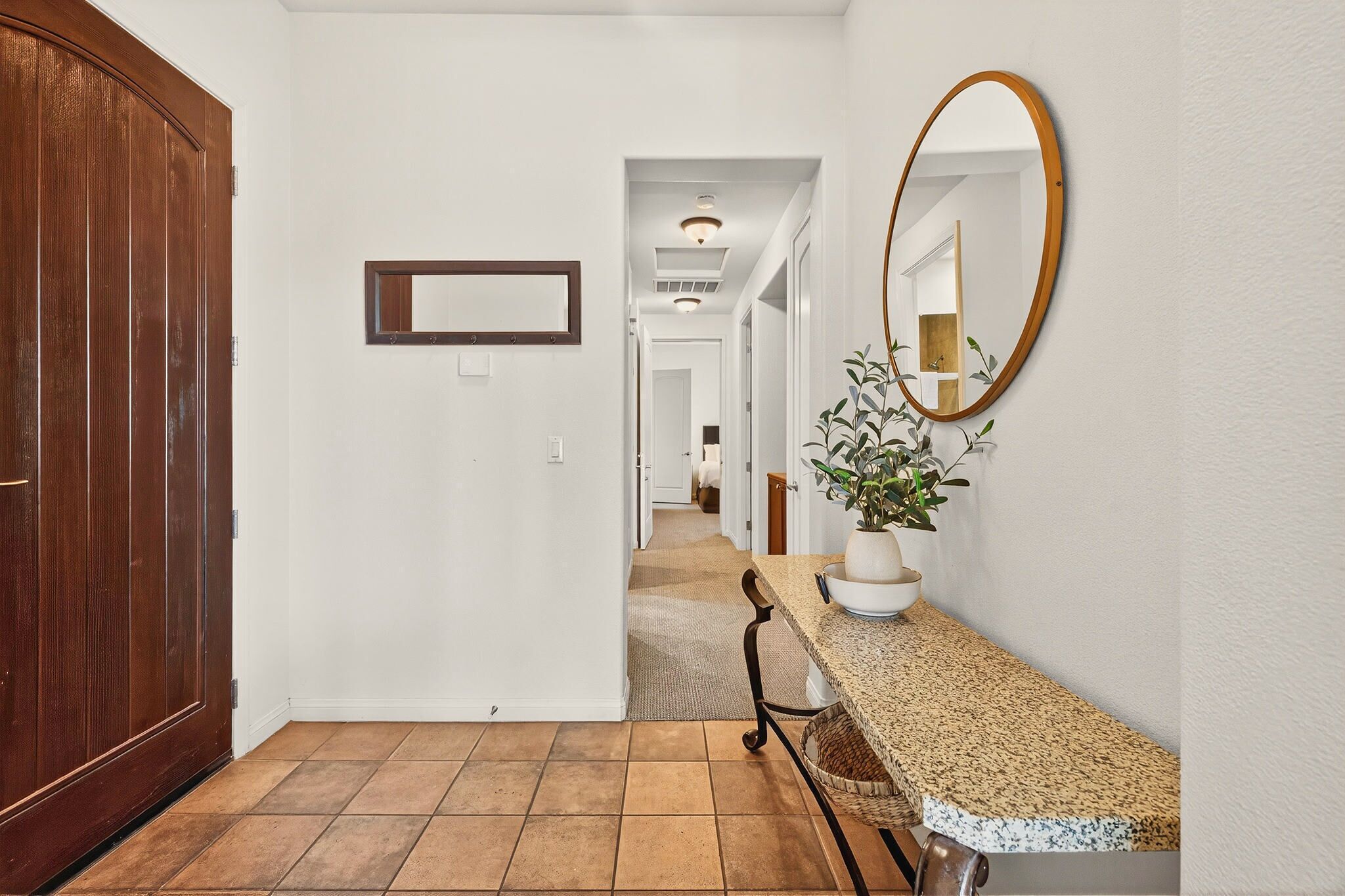 A hallway with a wooden door, a mirror, a potted plant, and a kitchen counter.