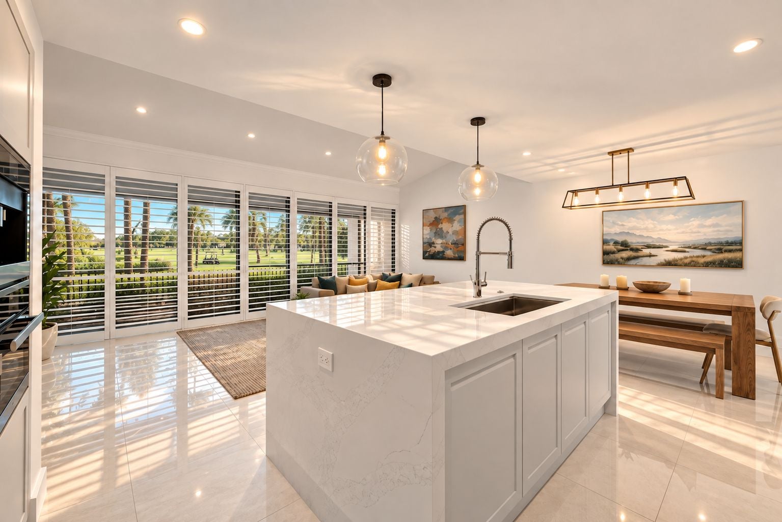 A modern kitchen with a large island, pendant lighting, and a view of a golf course.