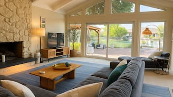 Smart TV, fireplace, video games, DVD player