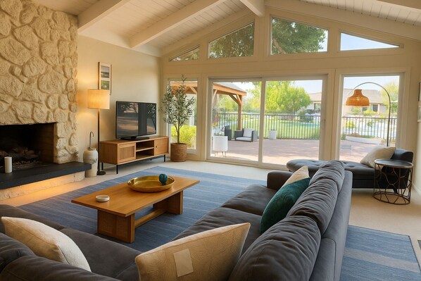 Smart TV, fireplace, video games, DVD player