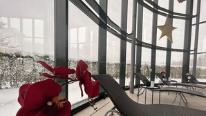 A modern indoor space with large windows, a lounge area with chairs, and a potted plant. - Villa Clorè Hotel & Spa (Lama Mocogno)