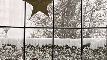 A pool area with two lounge chairs and a star decoration on the window.