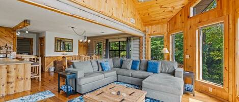 Flat-screen TV, fireplace, video-game console, stereo