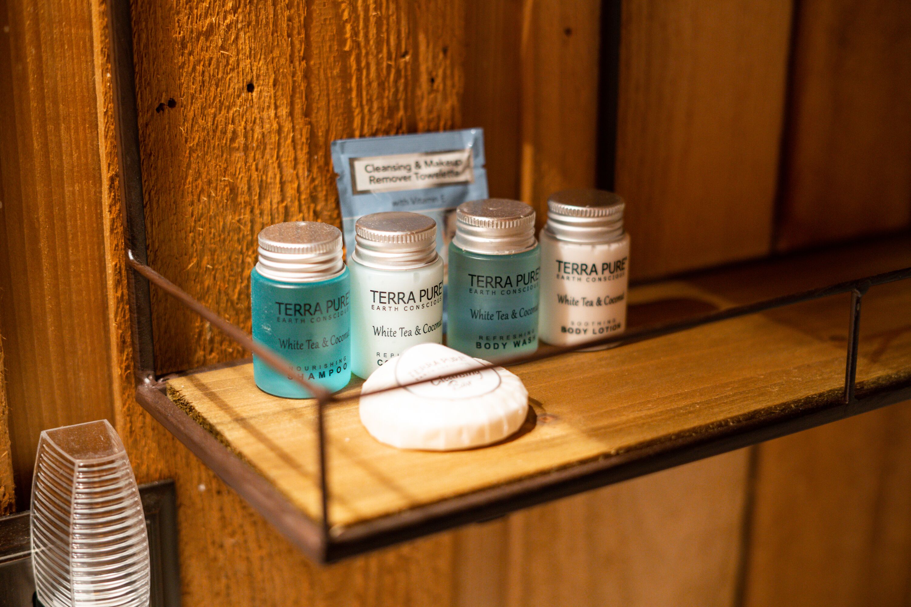 A shelf with Terra Pure body wash bottles and a white soap bar.