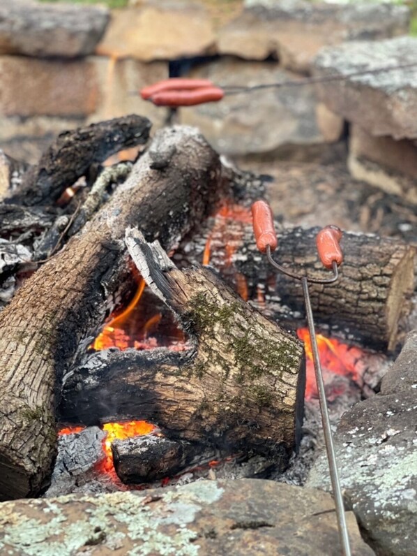 A campfire with logs and hot dogs being grilled. - Mountain Forest View Lodge (Hackett)