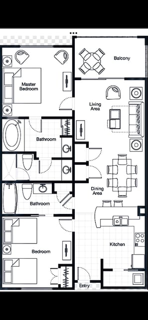 Un plan d’étage d’un hôtel comprenant une chambre principale, deux salles de bain, un balcon, un salon, une salle à manger, une cuisine et un hall d’entrée.