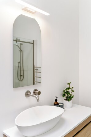Tina, secadora de cabello, jabón, papel de baño 