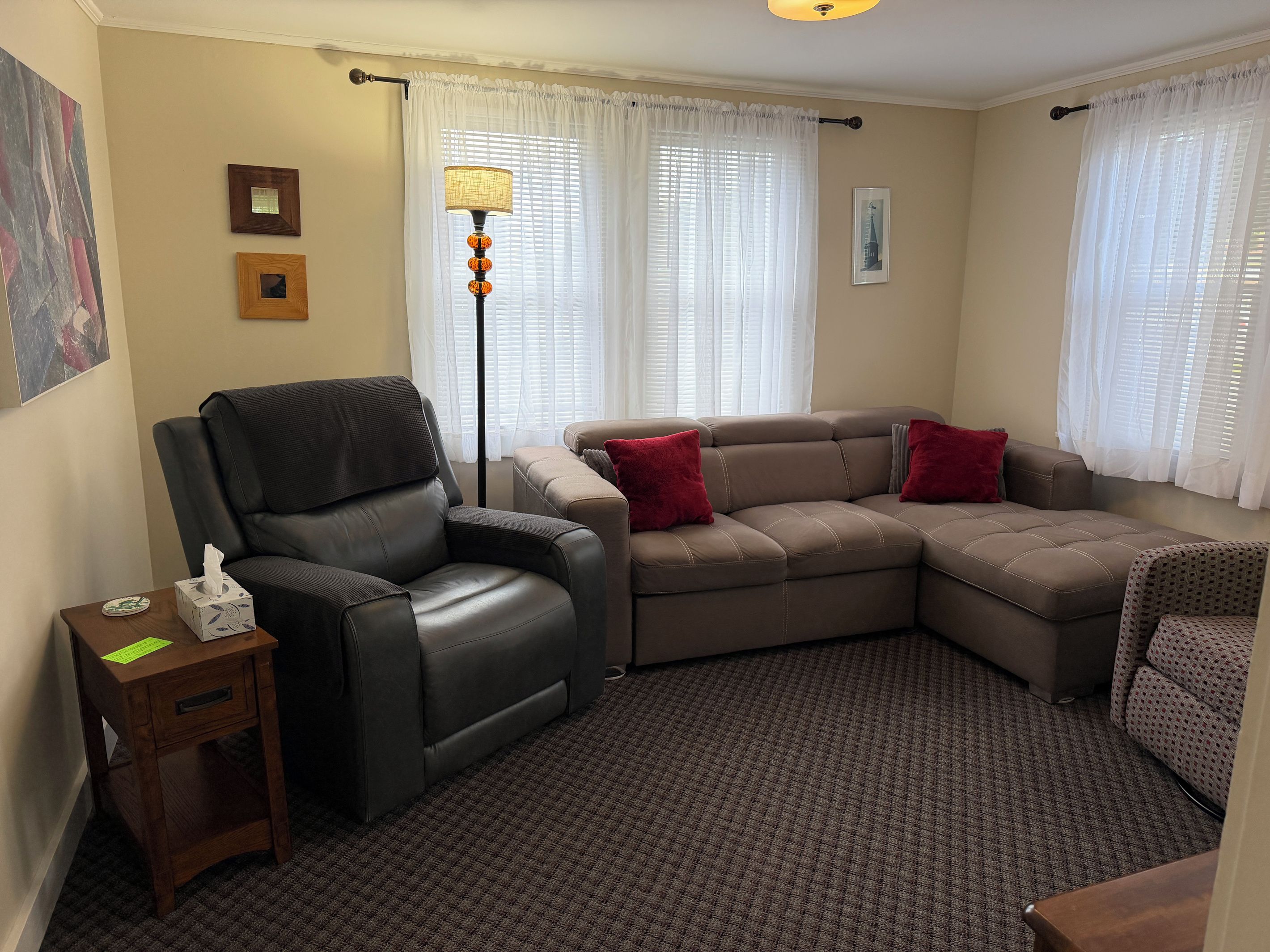 A living room with a leather armchair, a sofa with red cushions, a patterned carpet, and a floor lamp.