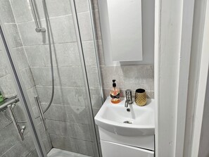 Shower, hair dryer, towels