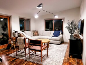 Smart TV, fireplace, table football, books