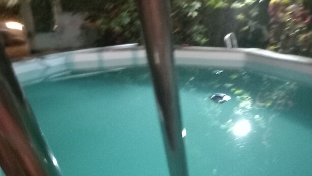 Una piscina con muelle de madera y barandillas metálicas.