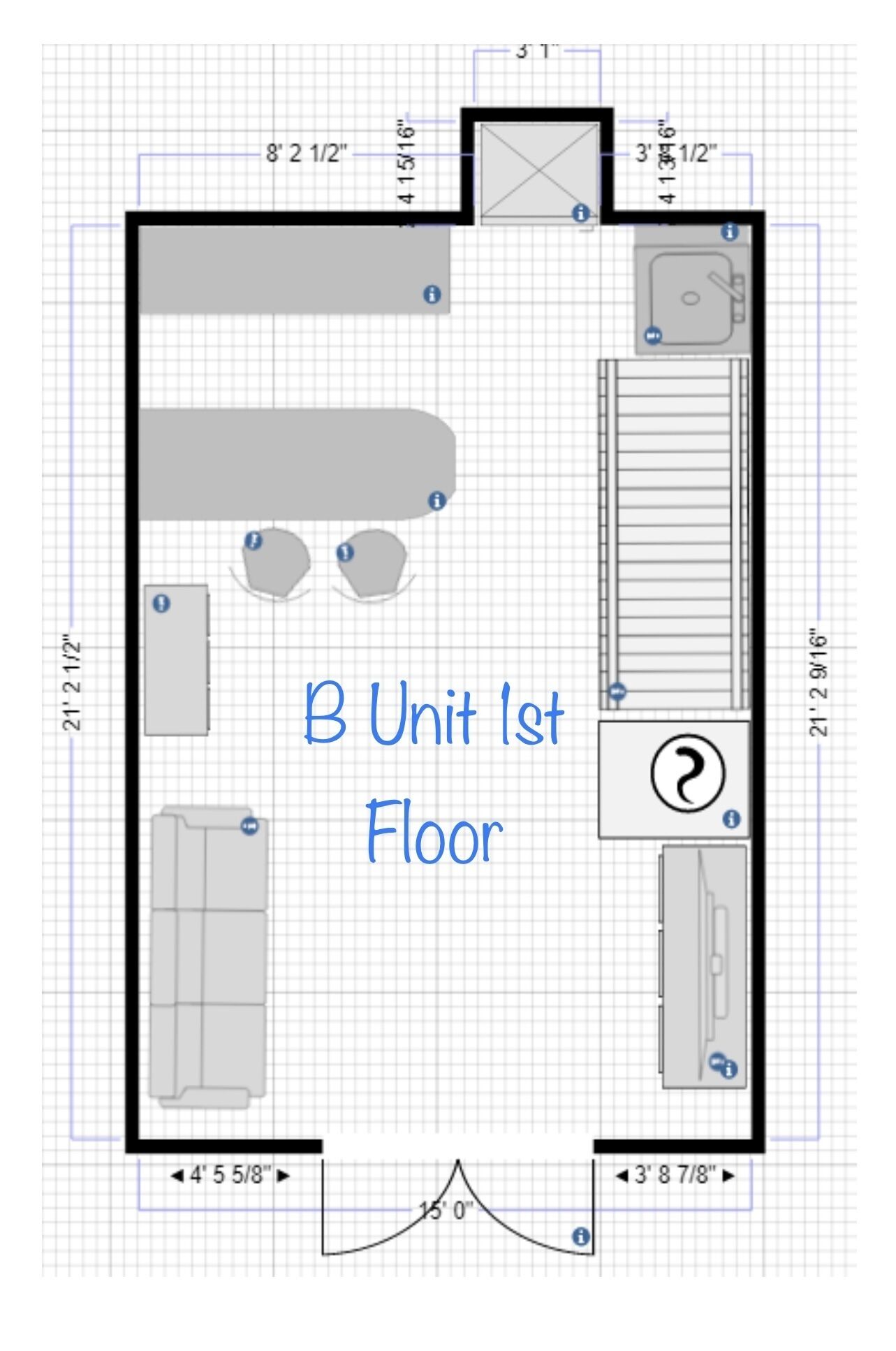 A floor plan of a B Unit 1st Floor room with a bed, a desk, a chair, a wardrobe, and a bathroom.