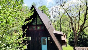 A cabin with a steeply pitched roof, a blue door, and a small window. - Dog Friendly Smoky Mts A-Frame with Views and Modern Decor (Sylva)