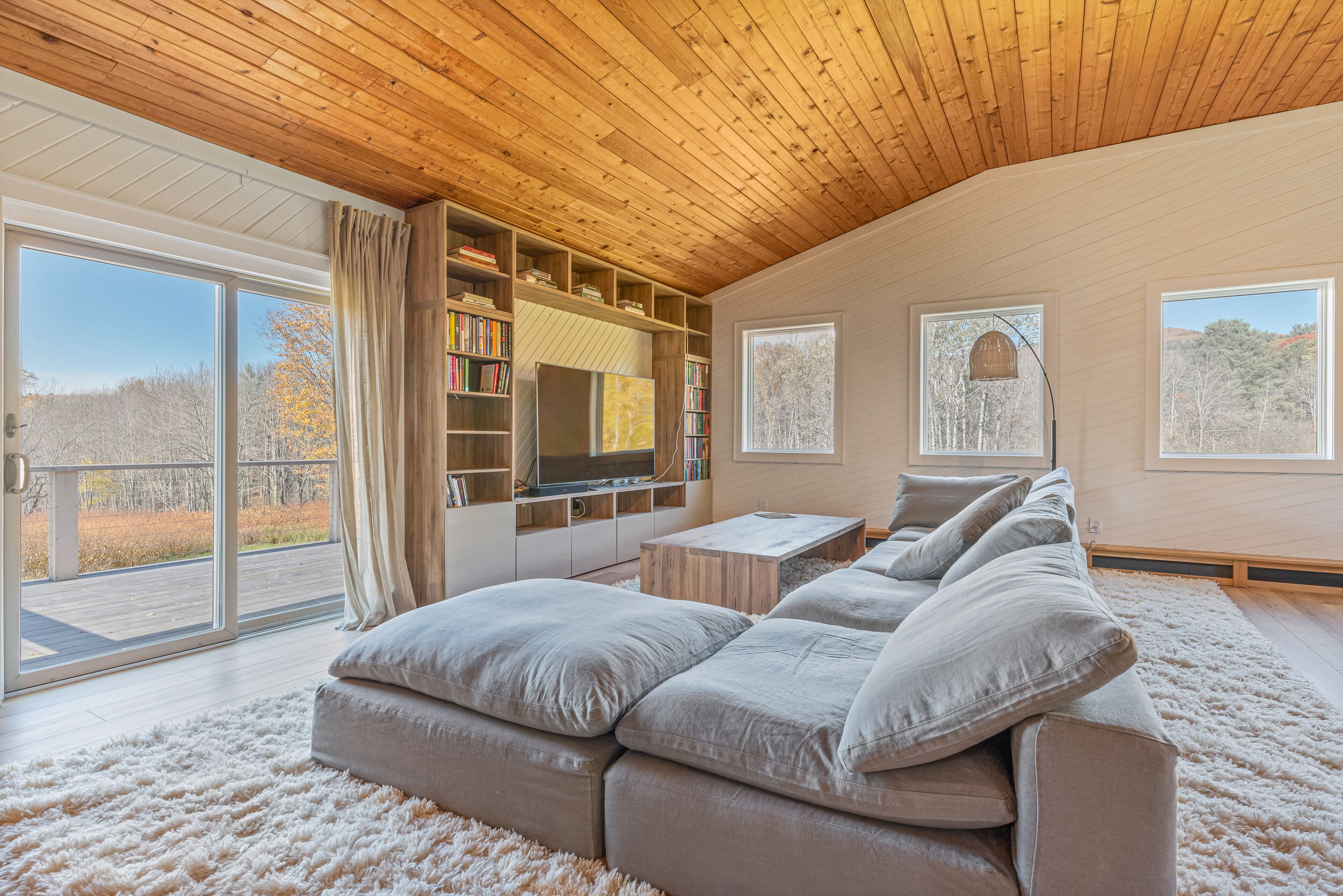 Una televisión, una chimenea, un reproductor estéreo