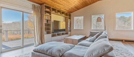 Televisión, chimenea, estéreo