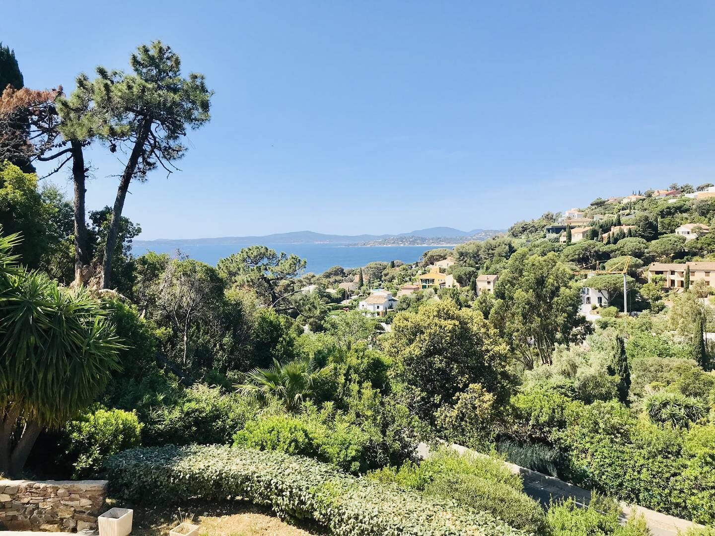 A hillside residential area with dense greenery, a stone wall, and houses with Mediterranean architecture.