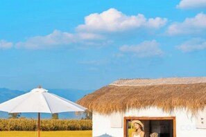 Una cabaña con techo de paja y exterior blanco, una sombrilla blanca y vistas al campo.