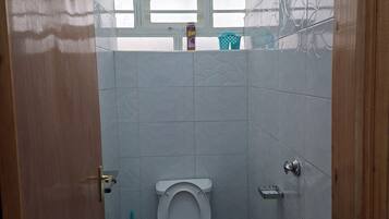 Regadera, toallas, jabón, papel de baño