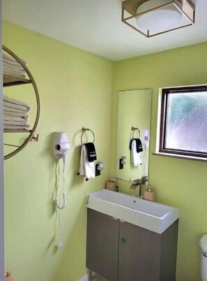 Bathtub, eco-friendly toiletries, hair dryer, towels