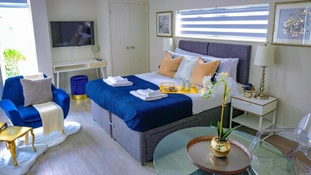 A hotel room with a bed, a TV, a desk, a chair, and a small table with a vase. - Catharine House by condokeeper (Cambridge)
