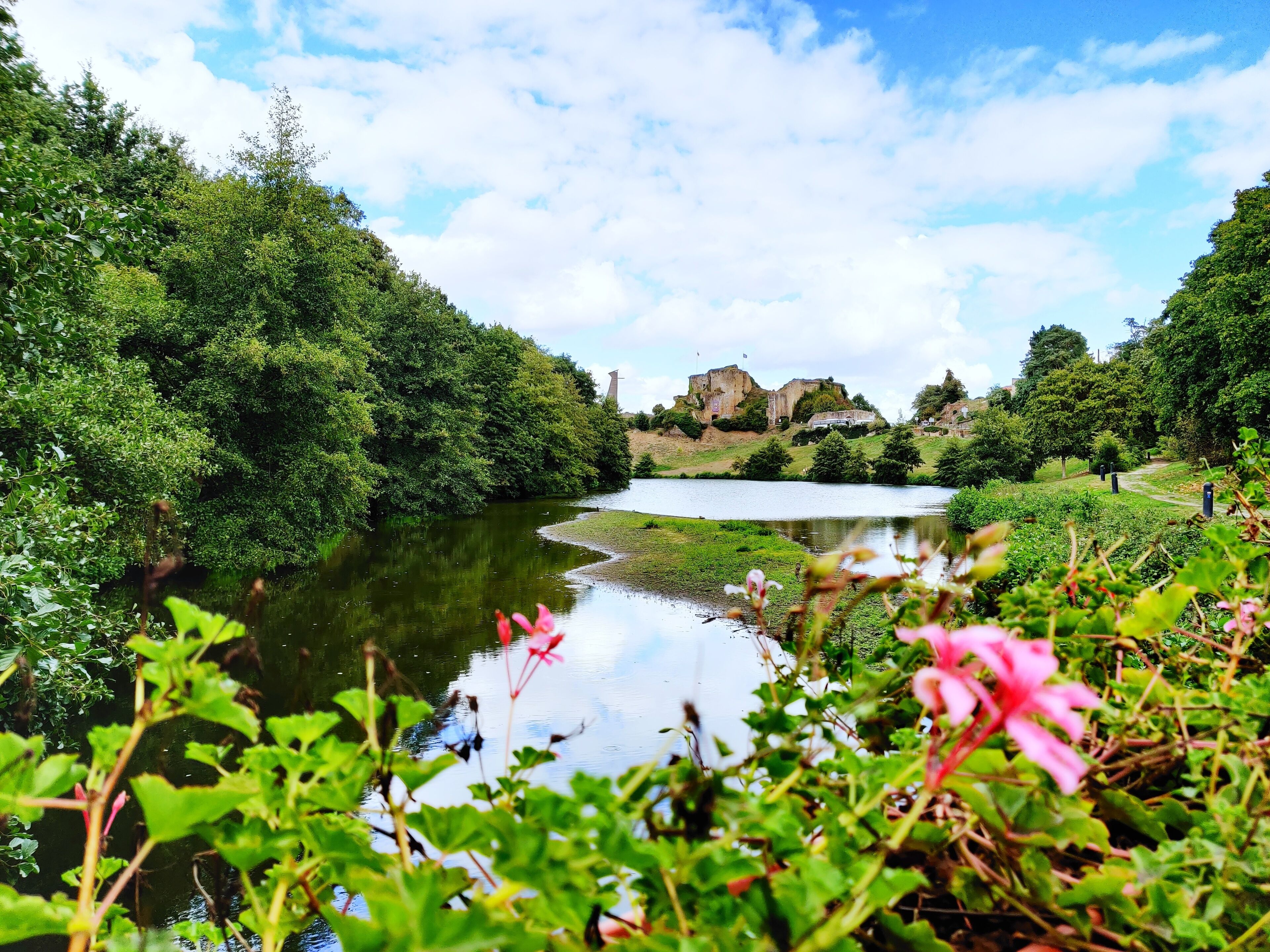 Een rivier met weelderige begroeiing en een kasteel op de achtergrond.
