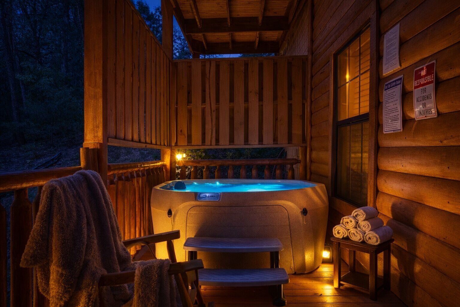 A wooden cabin with a hot tub, a chair, and towels.