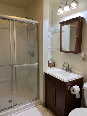 Combined shower/bathtub, hair dryer, towels