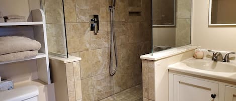 Shower, hair dryer, towels