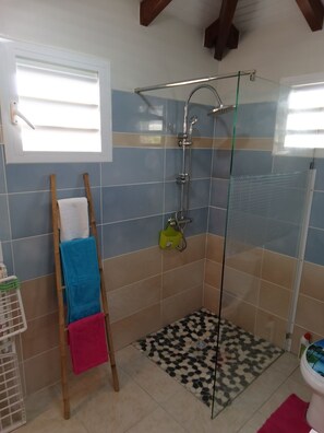 Ducha, toallas, jabón y champú