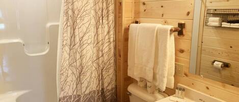 Baño con ducha, inodoro y lavamanos.