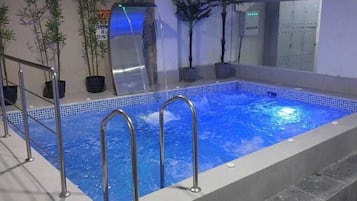 Una piscina interior con agua cristalina, barandillas de metal y plantas en macetas a lo largo del borde.