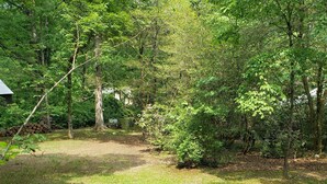 Un camí de pedra que serpenteja per un jardí frondós amb diversos arbres i arbustos.
