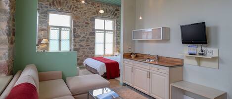 A room with a stone wall, a bed, a sofa, a small kitchen area, and a television.