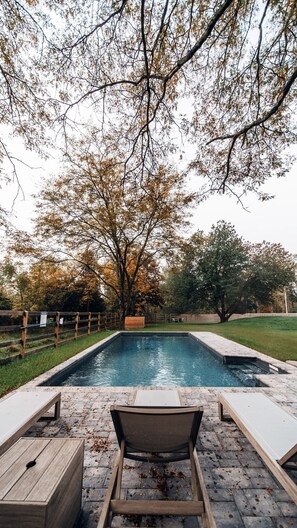 Ein Swimmingpool mit einer Holzterrasse, Liegestühlen und einem großen Baum im Hintergrund.