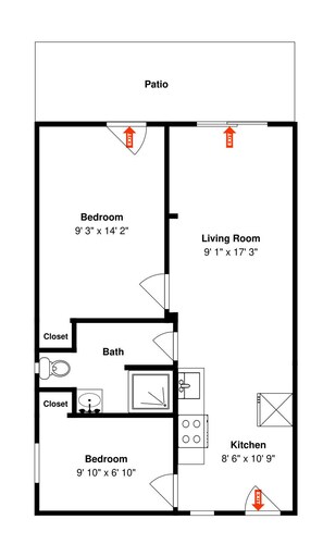 A floor plan of a house with a patio, two bedrooms, a living room, a kitchen, a bathroom, and two closets.
