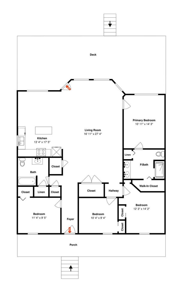 A floor plan of a house with a living room, kitchen, two bedrooms, a bathroom, a foyer, and a porch.