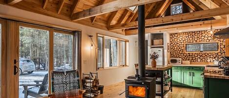 Fireplace, books, stereo