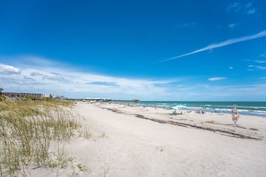 A beach with a pier, sandy shore, and a lifeguard sign.