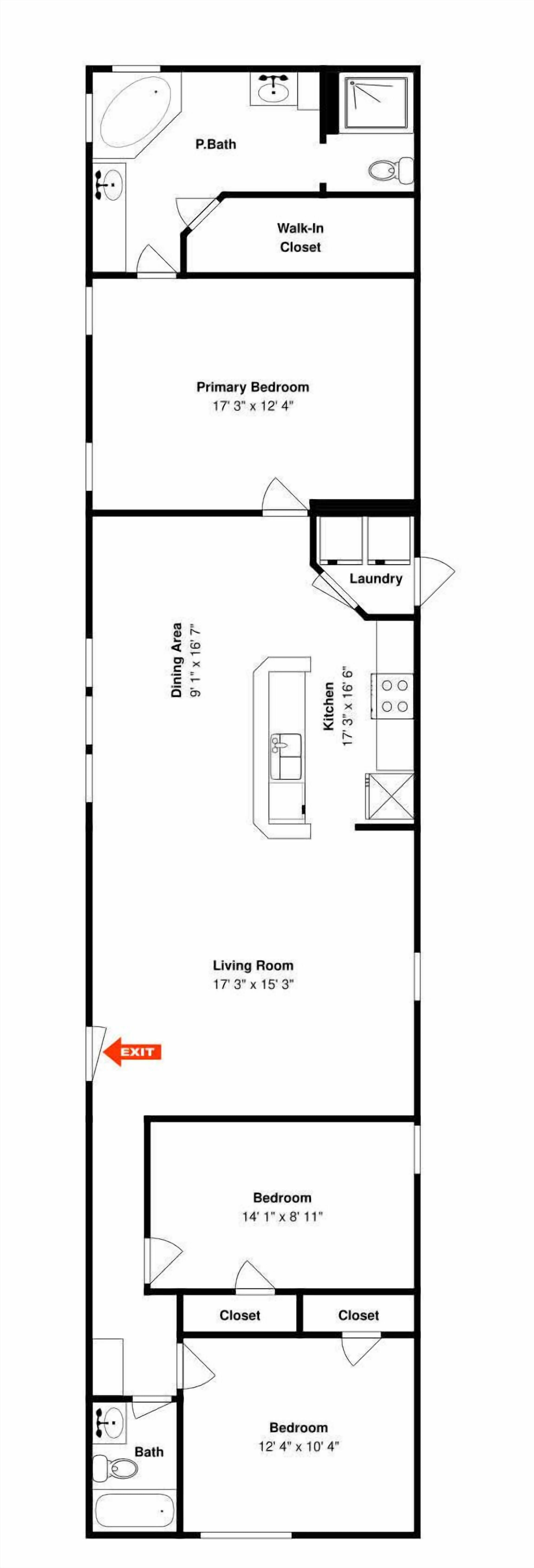 Een plattegrond van een hotelkamer met een hoofdslaapkamer, een logeerkamer, een badkamer, een eetruimte en een woonkamer.