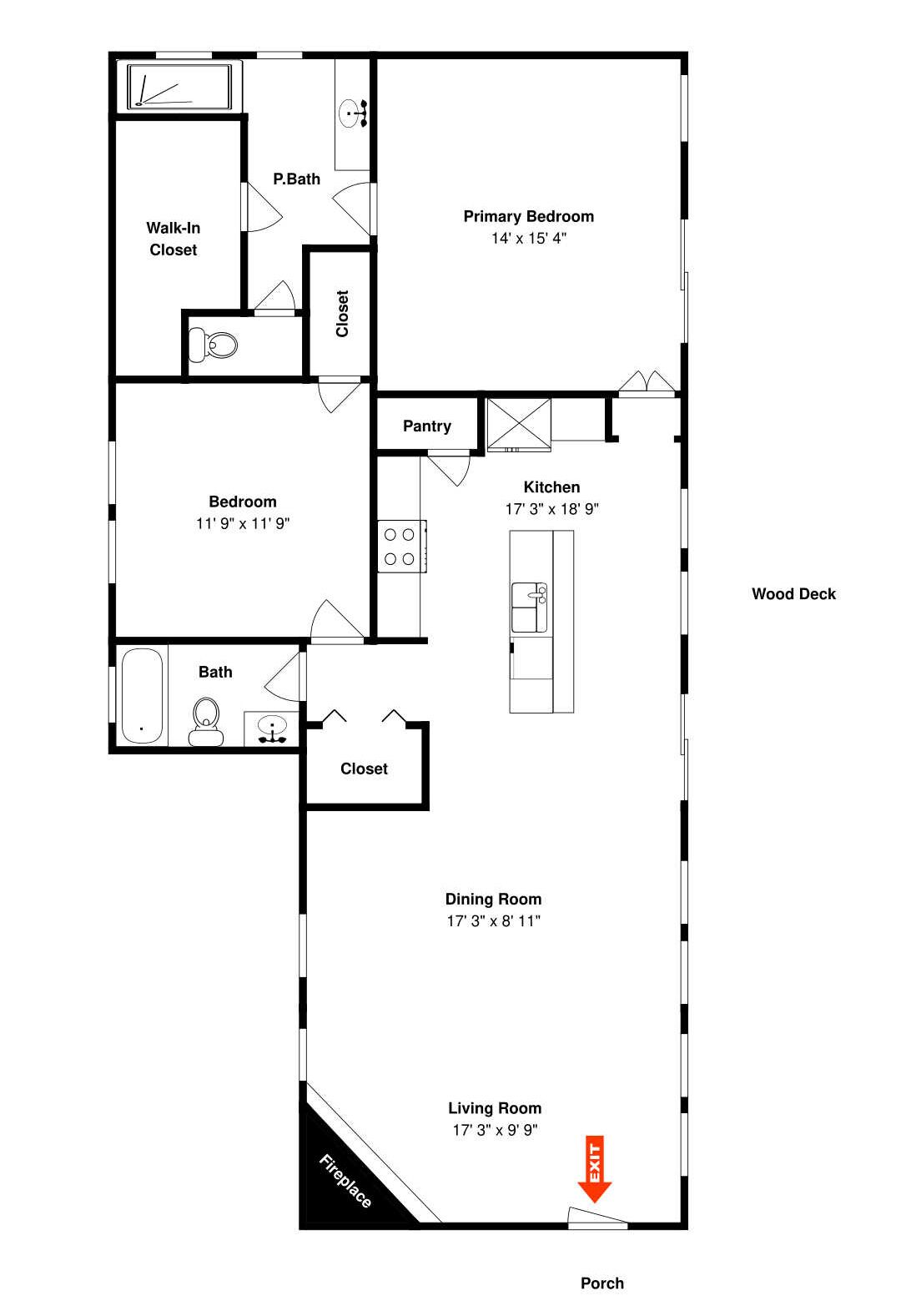 A floor plan with a primary bedroom, secondary bedroom, bathroom, kitchen, dining room, living room, closet, pantry, walk-in closet, and a fireplace.