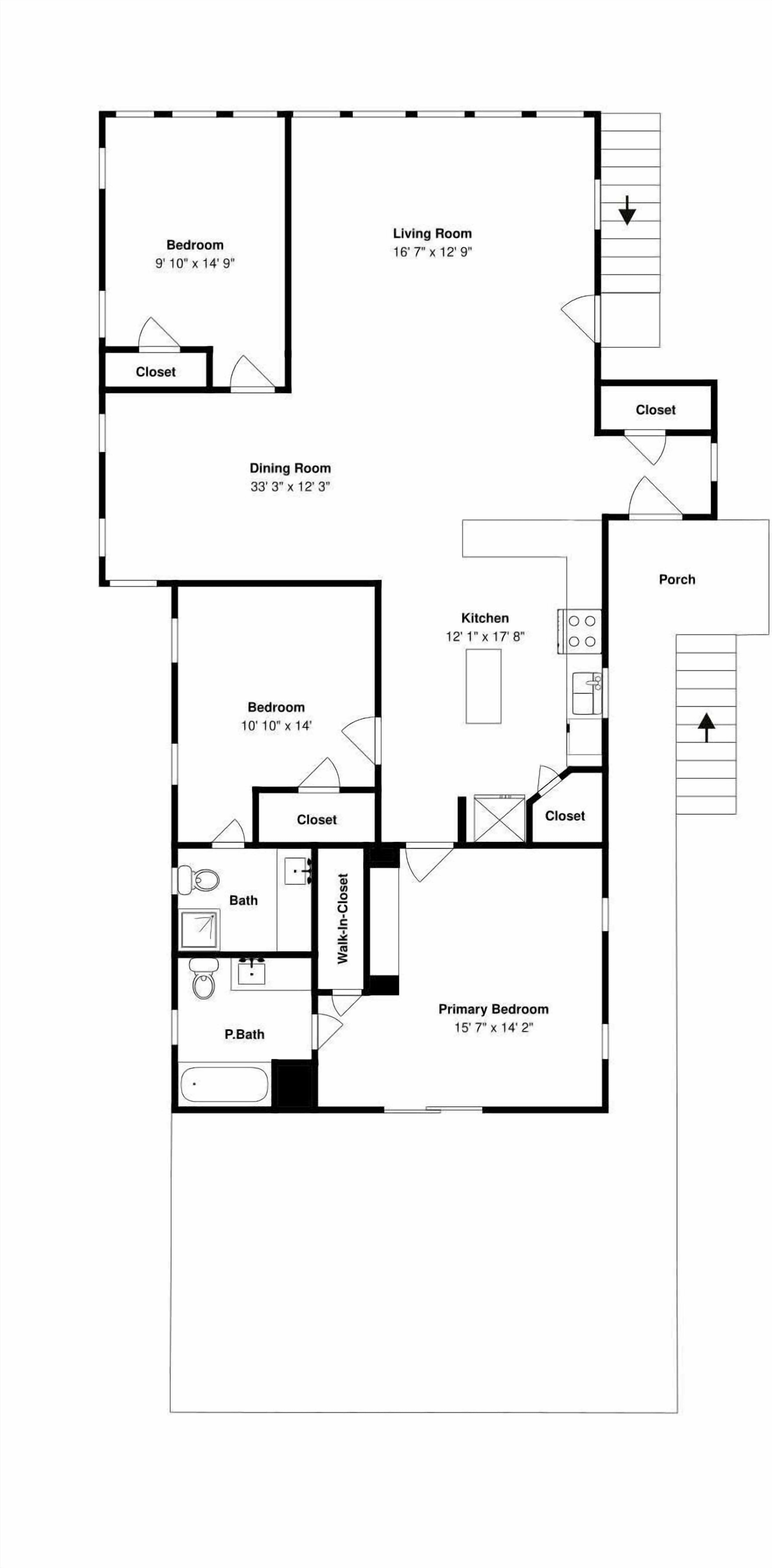 Een plattegrond van een huis met een slaapkamer, woonkamer, eetkamer, keuken en badkamer.