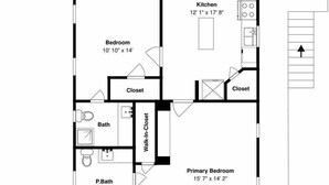 A floor plan of a house with a bedroom, living room, dining room, kitchen, and bathroom. - Hook, Wine & Sinker by Miss Kitty’s (Rockport)