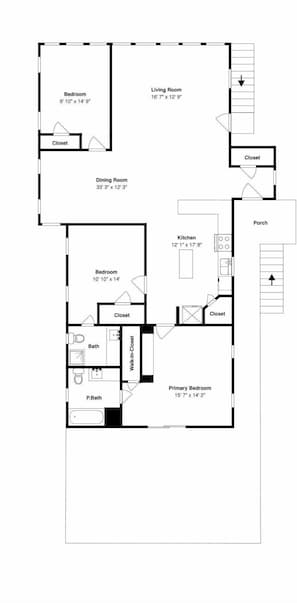 A floor plan of a house with a bedroom, living room, dining room, kitchen, and bathroom.