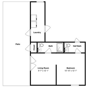Ein Grundriss mit Waschküche, Terrasse, Abstellraum, Badezimmer, Gäste-WC, Wohnzimmer und Schlafzimmer.