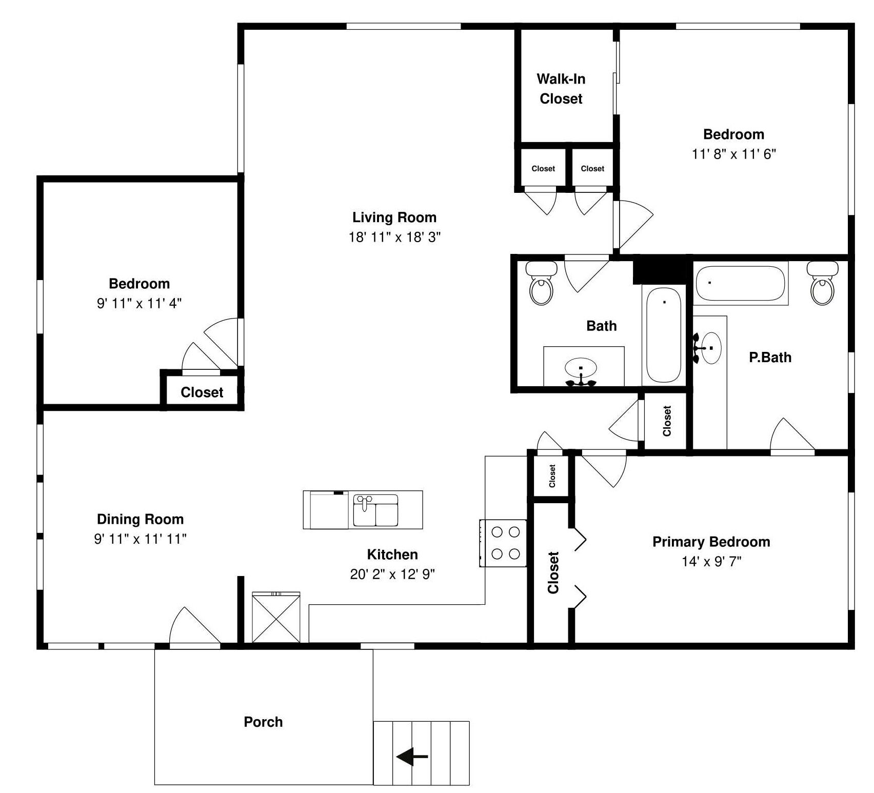 Ein Grundriss eines Hauses mit Schlafzimmer, Wohnzimmer, Esszimmer, Küche, Hauptschlafzimmer, begehbarer Kleiderschrank und einer Veranda.